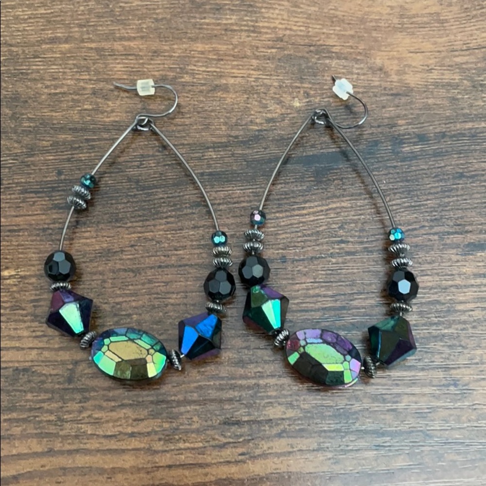 Black jewel teardrop hoop earrings